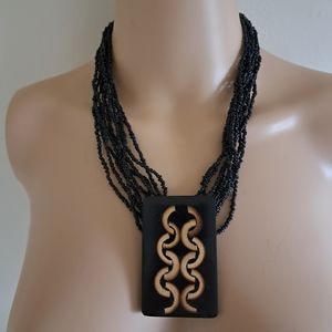 Vintage Statement Beaded Necklace W/ Large Rectangular Tribal Pendant